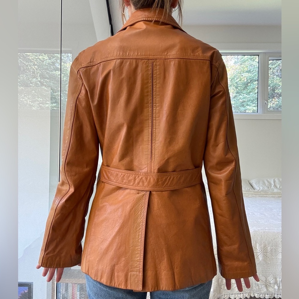 Vintage 100% leather cognac tan long line jacket small to medium euro 38 - Picture 7 of 17